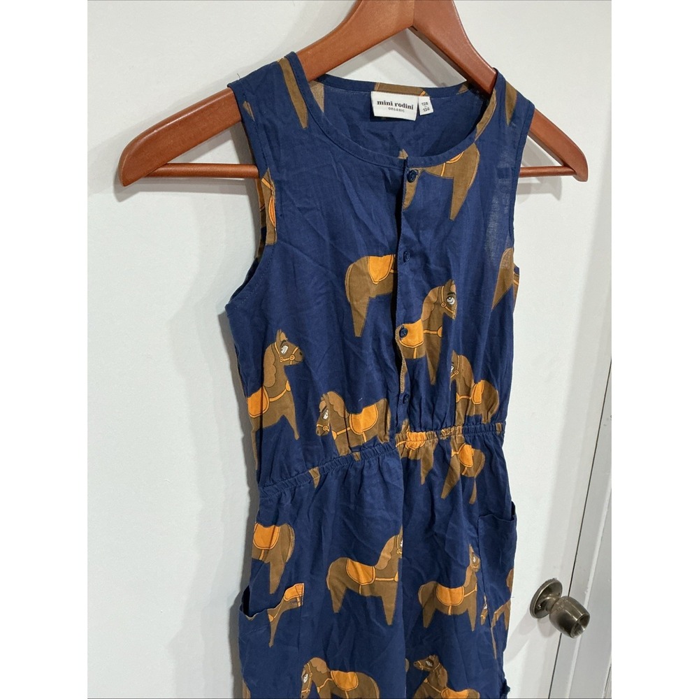 Mini Rodini Sleeveless Dress, Blue, Horse, Girls, 7-9 Or 128/134, Organic Cotton - Picture 3 of 11